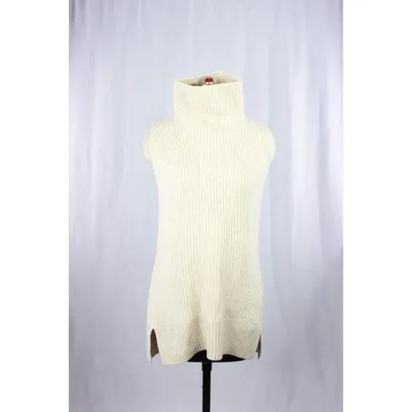 VINCE Ivory Cream Wool Cashmere Rib Knit Sleeveless Turtleneck Sweater, Size S - Picture 3 of 13